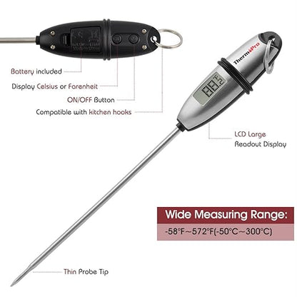 ThermoPro TP02S (2 Pack) Instant Read Meat Thermometer Digital Cooking Food Thermometer with Super Long Probe for Grill Kitchen Sourdough Liquids Oil Bread Baking Yogurt Candy Making Accessory