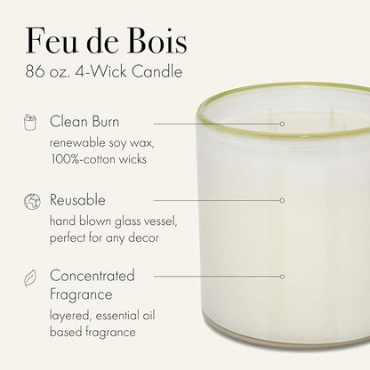 LAFCO New York Luxe 4-Wick Candle, Feu de Bois - 86 oz - 200-Hour Burn Time - Reusable, Hand Blown Glass Vessel - Made in The USA