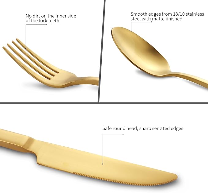 Stainless Steel Flatware Set Hand Forged 18/10 Silverware Set Cutlery Set Gold Cuboid Handle Matte Finished 20 Pieces Service for 4