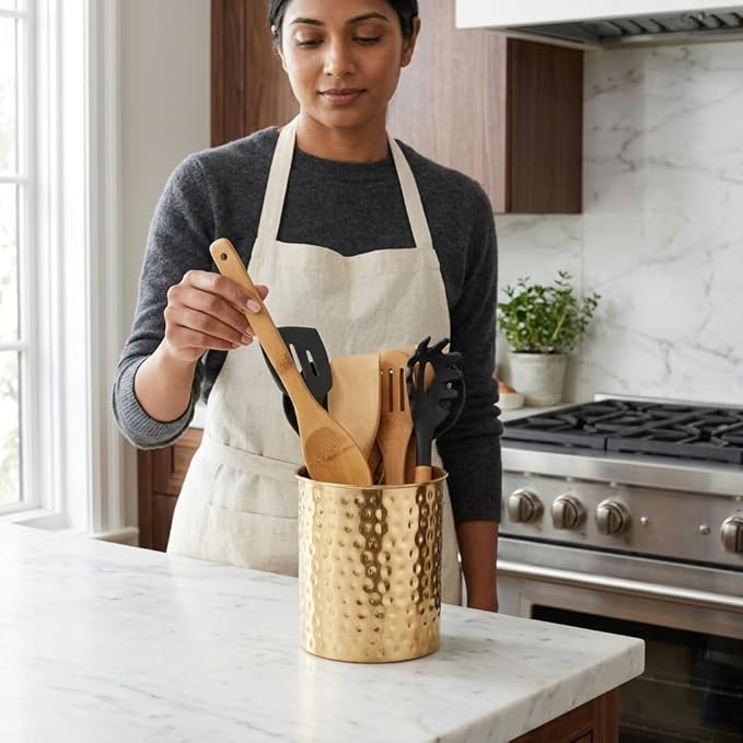 Monarch Abode Kitchen Utensil Holder – Hand Hammered Metal Brushed Gold Utensil