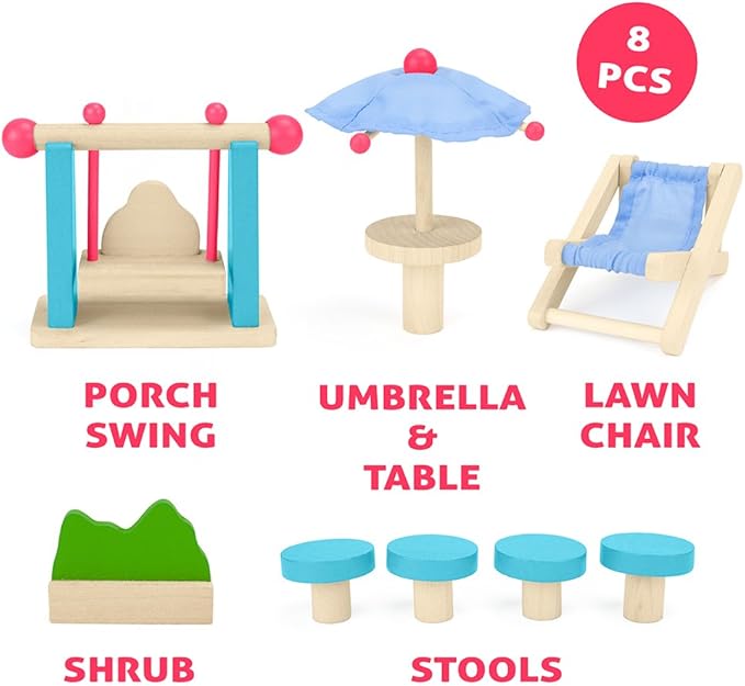 Wooden Dollhouse Furniture|Made of Safe Wood and Bright Water-Based Paint|Compatible with Most Doll Houses|Outdoor Patio
