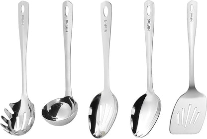 Stainless Steel Cooking Utensils Set, 5PCS Kitchen Utensils Set, Durable Kitchen Gadgets, Ladle, Slotted Turner, Slotted Serving Spoon, Solid Serving Spoon, Pasta Fork