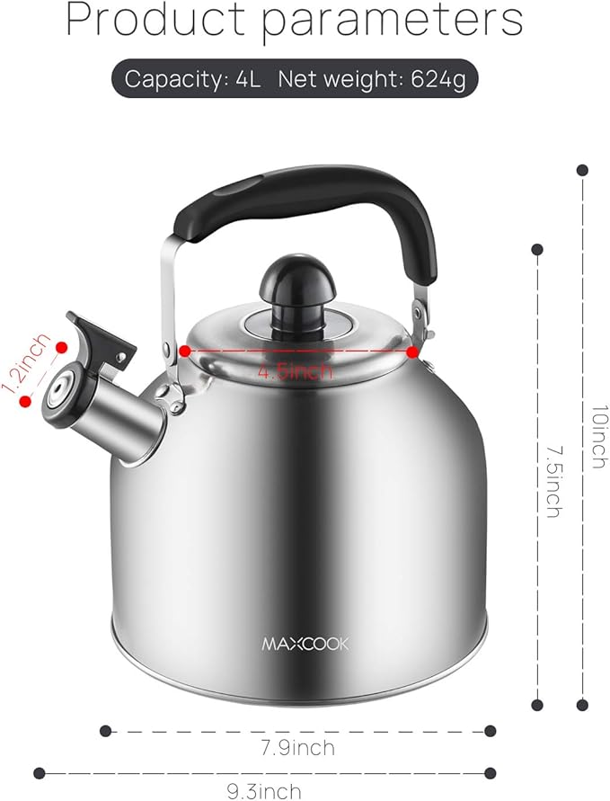 4.2 Quart/4L Stainless Steel Whistling Tea Kettle,Brushed Satin, Suitable to Boiling Water & Tea on Induction Stove, Gas Stove Top
