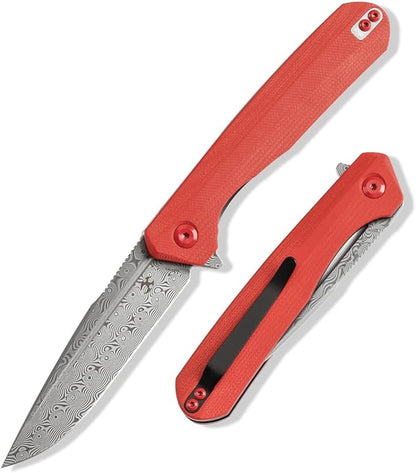 KANSEPT Qilin Pocket Knife,3.24'' Damascus Sharp Blade, Red G10 Handle for Edc, Flipper and Liner Lock with Double-Sided Clip, Men Camping Survival Folding Knives K1047A1