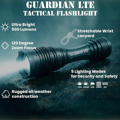 Guardian LTE Tactical Flashlight, 500 Lumens, Zoom?‘Focus, Water?‘Resistant IPX5, 5 Modes (High/Med/Low/Strobe/SOS), Dual?‘Power: 3×AAA (Included) or Rechargeable, Type III Aluminum, 5.5" Compact