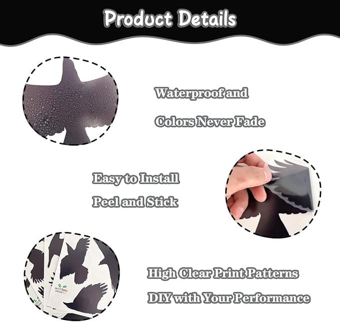 Anti-Collision Large Black Bird Shape Window Clings - Prevent Bird Strikes Double-Sides Window Stickers Decals for Glass Windows & Doors 16 Pieces in Total