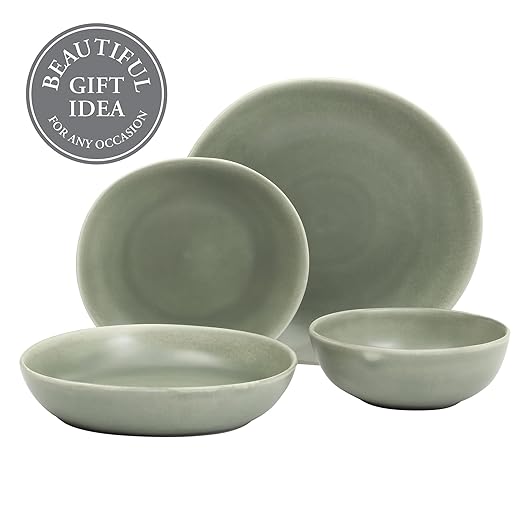 Gibson Elite Zion Mist 16 Piece Stoneware Reactive Glaze (Service for 4) Ceramic Plates and Bowls Modern Organic Dinnerware Set - Green