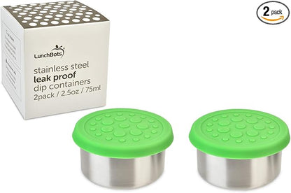 LunchBots 2.5 oz Stainless Steel Dressing Container for Condiments, Dips, Snacks, Dipping Sauce Cups with Silicone Lid, Fits in Lunch Bags and Bento Boxes - Set of 2 (Green)