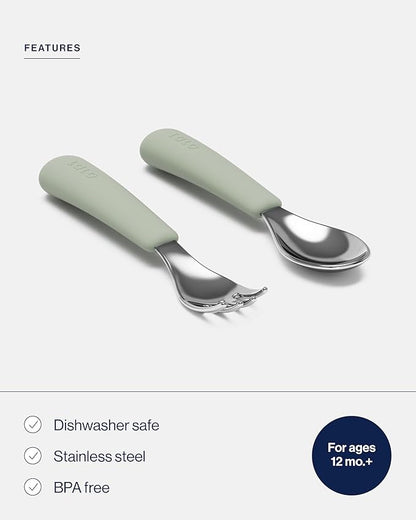 Lalo Utensils - Toddler Fork and Spoon Set - Stainless Steel and Silicone Ergonomic Toddler Utensils - Children Safe Flatware Set - 2 Pieces - Sage