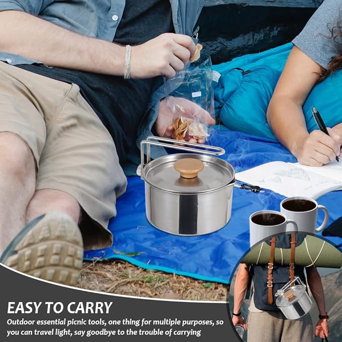 Stainless Steel Camping Pot with Lid and Removable Handle, Light Weight Outdoor Camping Kettle, Easy Clean Camp Boiling Pot, Cooking Pot for Picnic, Hiking, Backpacking, 1L/34oz