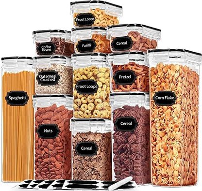 PRAKI Airtight Food Storage Containers with Lids, 12PCS Plastic Kitchen Storage Containers for Pantry Organizers and Storage - Cereal, Rice, Flour and Sugar Containers with Labels & Marker