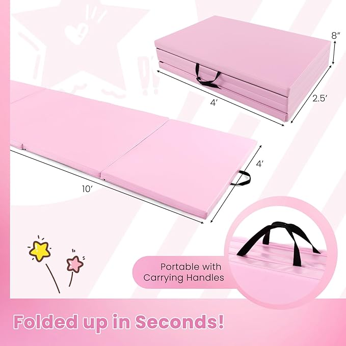 Giantex 4'x10'x 2" Gymnastics Mat, 4-Panel Folding Aerobics Exercise Mat w/Hook & Loop Fastener, Carrying Handle, Portable Tumbling Mat for Stretching Yoga Cheerleading Martial Arts