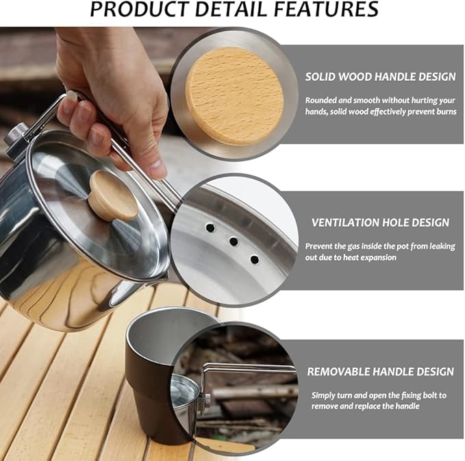 Stainless Steel Camping Pot with Lid and Removable Handle, Light Weight Outdoor Camping Kettle, Easy Clean Camp Boiling Pot, Cooking Pot for Picnic, Hiking, Backpacking, 1L/34oz