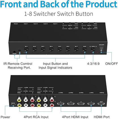 RuiPuo 8-Input to 1-HDMI-Output Converter Switchbetween Quick Different Sources