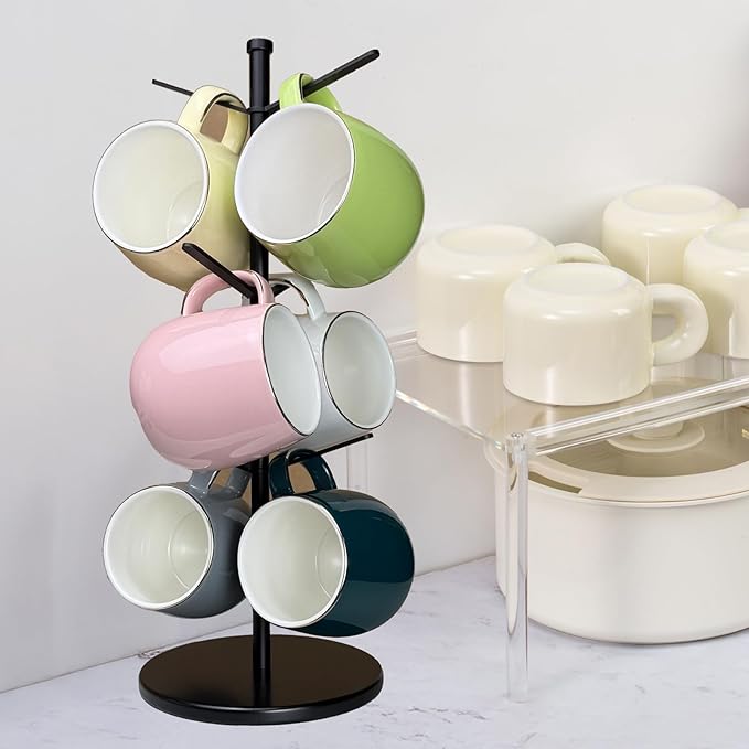 Premium Mug Tree, 6 Hooks Upgraded Stable Metal Mug Holder, Bamboo Base Coffee