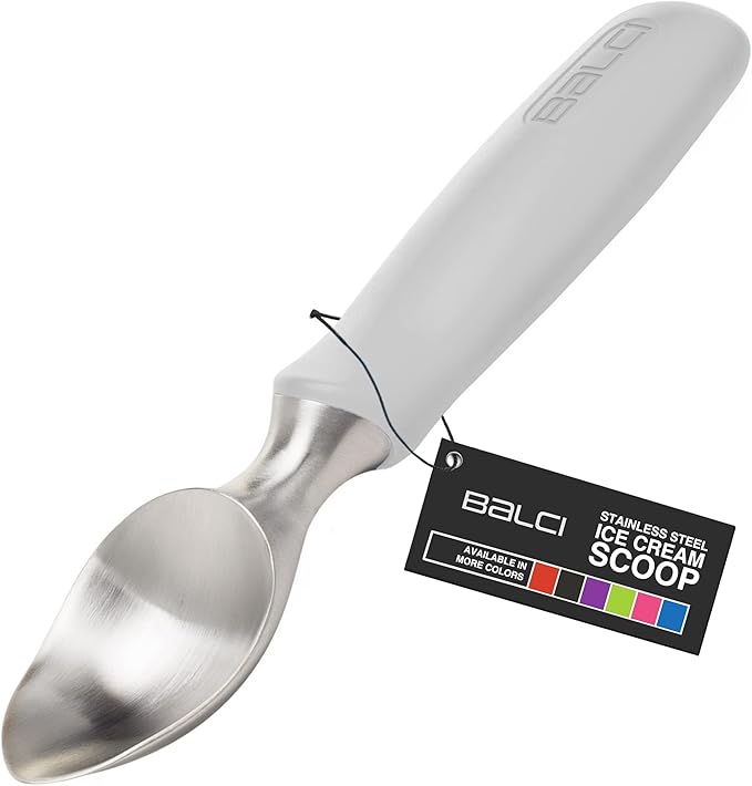 BALCI Ice Cream Scoop - Heavy Duty Stainless Steel Icecream Scooper With Non-Slip Rubber Grip - Professional Metal Ice-Cream Spade - Dishwasher Safe – Grey