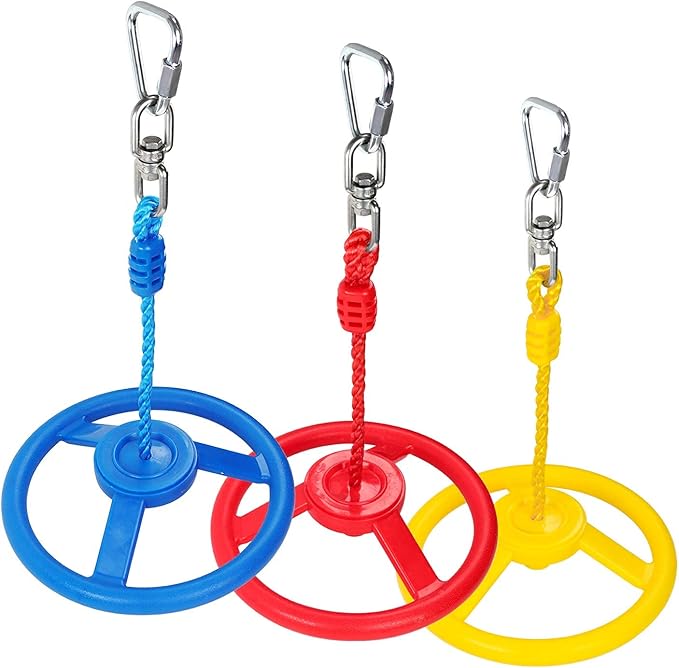 Rainbow Craft 3-Pack Ninja Monkey Wheels，Obstacle Course & Swing Set Attachments for Kids ，Outdoor Backyard Playground Accessory，Red, Blue & Yellow