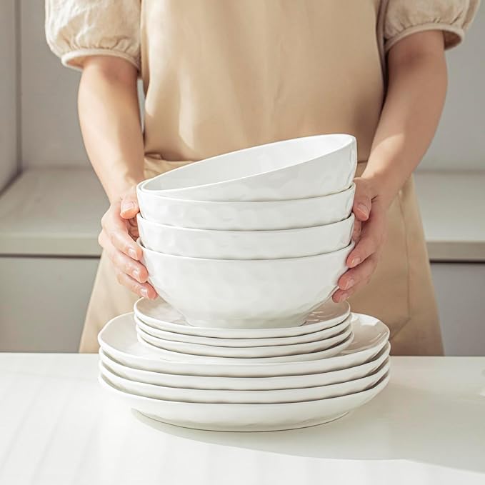 8 Inch Pasta and Salad Bowls, Serving and Soup Bowl Set, Microwave Safe Ceramic Plates, Set of 2, White