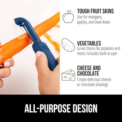 GORILLA GRIP Patented BPA-Free Sharp Stainless Steel Dual Swivel Vegetable Peeler, Soft Comfortable Handle, Smoothly Peel Apples, Potatoes, Carrots, Includes Blade Cover, Kitchen Tool Peelers, Blue