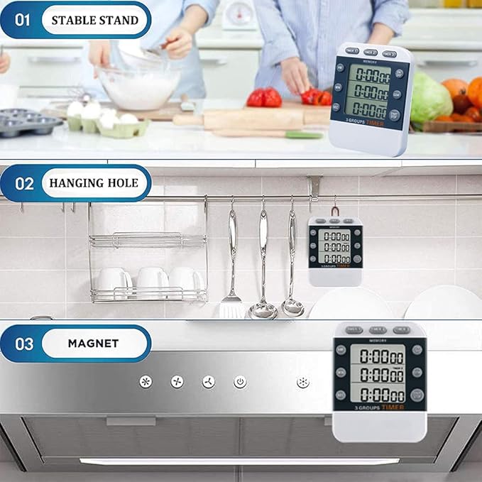 Digital Dual Kitchen Timer for Cooking, 3 Channels Count Down/up Triple Multi