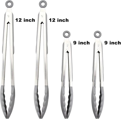 4 Pack Aqua Sky Kitchen Tongs, Premium Silicone BPA Free Non-Stick Stainless Steel BBQ Cooking Grilling Locking Food Tongs, 9-Inch & 12-Inch