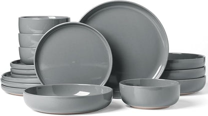 Famiware Milkyway Stoneware Dinnerware Sets with Pasta Bowls, Service for 4 (16 Pieces), Plates and Bowls Sets -Scratch Resistant, Microwave and Dishwasher Safe Dishes Set, Dark Gray