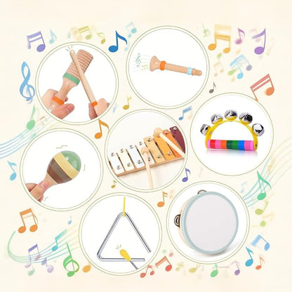 Toddler Musical Instruments Set - Neutral Colors Wooden Montessori Toys Percussion Instruments Musical Toys with Modern Boho Xylophone Tambourine for Kids Preschool Educational 3+ Birthday Gifts