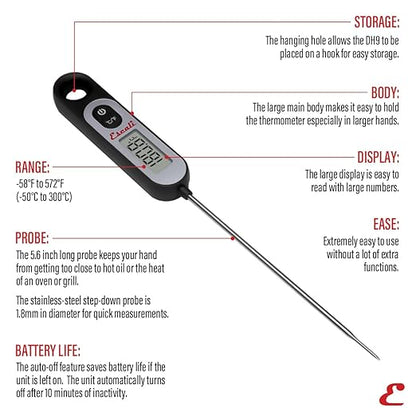 Escali Long Stem Digital Thermometer for Meat, Frying, Cooking, Candy and Kitchen Use, Extra Long 5.6-Inch Probe, Black