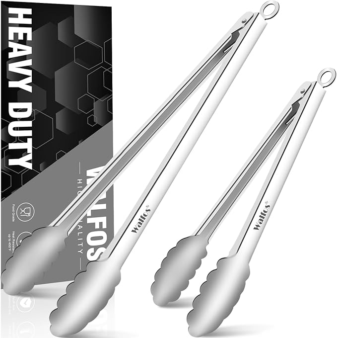 Tong for cooking, Walfos kitchen tongs set of 2 - Heat Resistant 600℉, Heavy Duty Locking Metal cooking Tongs, Stainless Steel BBQ Grilling,(All Metal 12in+16in)