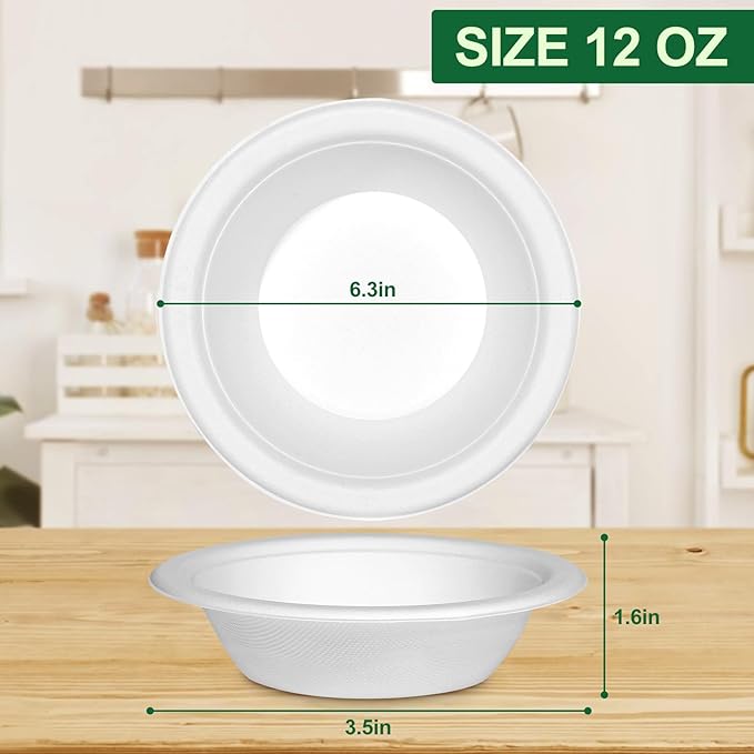 Paper Bowls 12oz, Disposable Bowls Heavy Duty, 250-Pack 100% Compostable Disposable Soup Bowl, Biodegradable Bagasse Hot Food Plates and Bowls -White