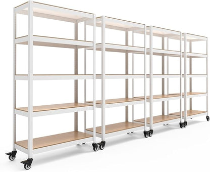 HOMEDANT House White 5-Tier Metal Rolling Cart Shelf Rack Casters Heavy Duty Wheel Shelving Unit Adjustable Utility Storage Shelves Organizer Shelf Kitchen Garage 36.2" W x 16.5" D x 69.5" H 4Pack