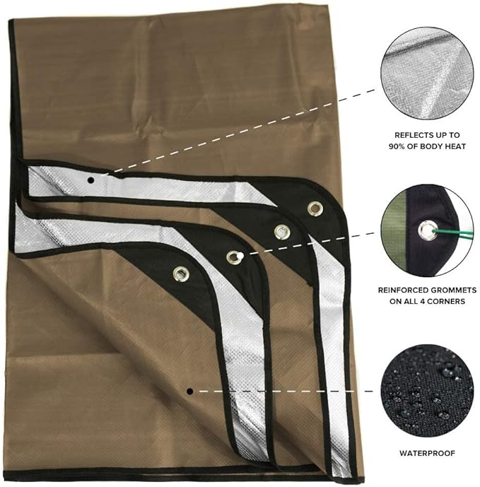 Arcturus Insulated Tarp, Reusable Heavy Duty Thermal Survival Blanket ??60x82in, Reflects 90% Body Heat, Waterproof, Windproof, 3-Layer Design, Reinforced Grommets, Coyote Brown
