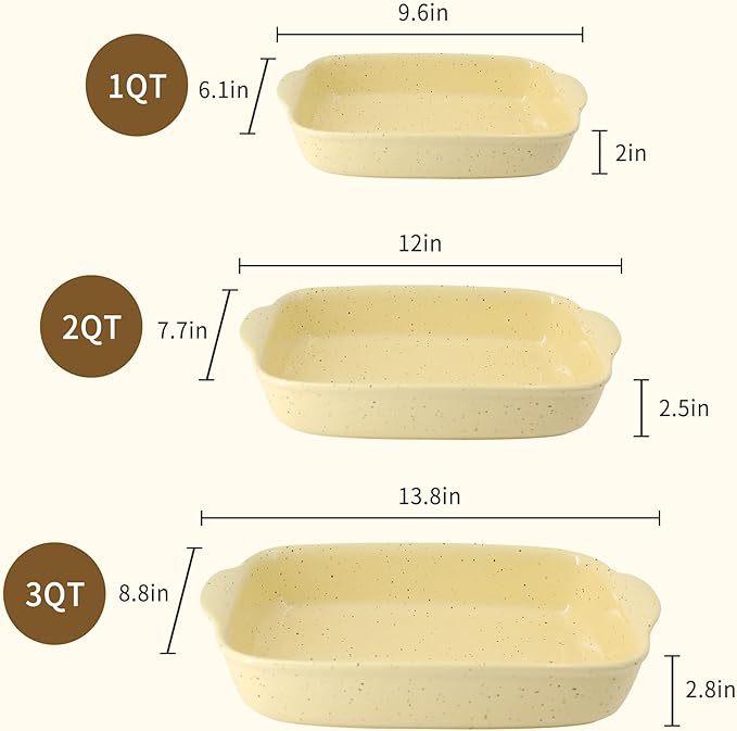 Casserole Dish Set of 3, Lasagna Pan, Ceramic Bakeware