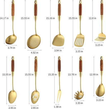Stainless Steel Kitchen Utensils Set with Wood Handle, 18/10 Metal Cooking Utensils Set, 10-Piece - Spatula, Spoon, Ladle, Skimmer, Slotted Turners, Pasta Server, Fork, Masher(Dishwasher Safe)