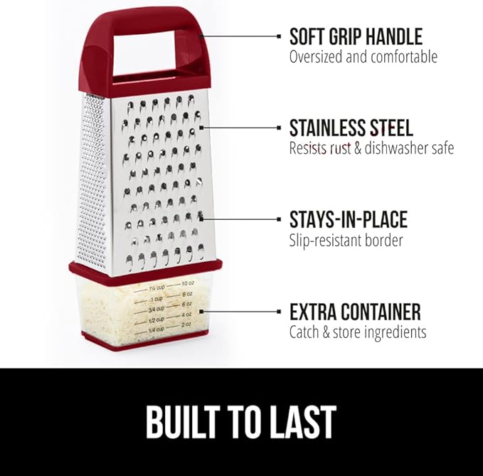 GORILLA GRIP 4-Sided 100% BPA-Free Cheese Grater With Container, Stainless Steel XL Box Graters, Parmesan Shredder, Grate Cheeses, Shred Veggies, Slip Resistant Handle, Dishwasher Safe Zester, Red