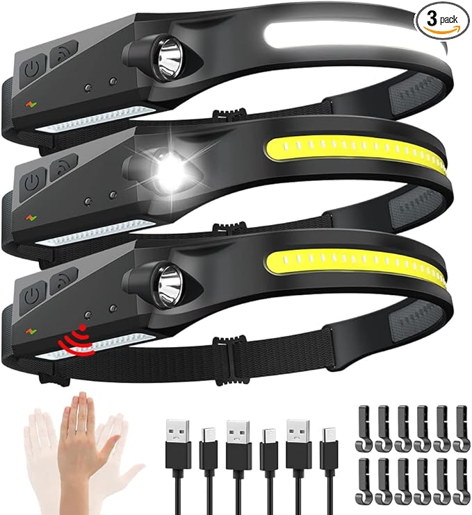 Rechargeable Headlamp 3PCS, 230° Wide Beam Head Lamp, Motion Sensor LED Headlamp Rechargeable, 5Mode Bright Headlamps for Adults, Head Lights for Forehead, Hard Hat Headlight, Camping Essentials Gear