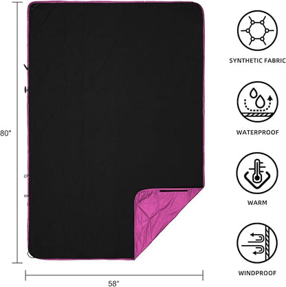 Outdoor Waterproof Blanket, Foldable Fleece Stadium Blanket for Outdoor Sports Event, Camping, Car, Pet, Picnics - Windproof, Wearable, Machine Washable 80" x 58" (Rose Purple,Hooded)