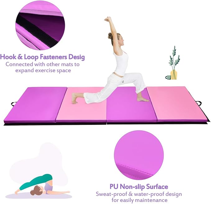 Giantex 4'x10'x 2" Gymnastics Mat, 4-Panel Folding Aerobics Exercise Mat w/Hook & Loop Fastener, Carrying Handle, Portable Tumbling Mat for Stretching Yoga Cheerleading Martial Arts