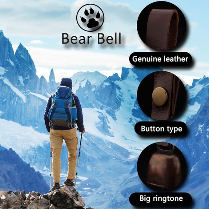 kcrygogo Loud Bear Bells with Leather Button Strap and Emergency Whistle for Survival, Hiking, Biking, Fishing, Climbingï¼?sets