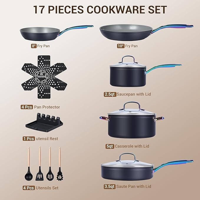 Ammeloo 17 Pcs Ceramic Cookware Set, Induction Pots and Pans Set Non Stick