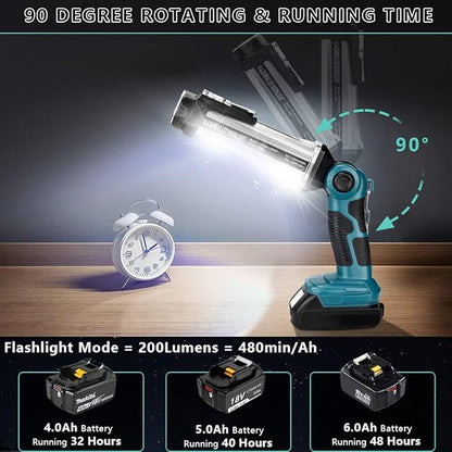 Cordless LED Work Light for Makita 18V Li-ion Battery, 35W 2000LM Outdoor Flashlight Portable Camping Lanterns with Hook, 90°Rotatable for Car Repairing, Job Site Lighting, Emergency