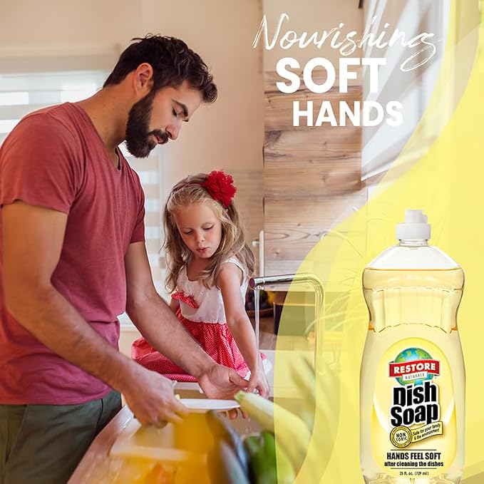 Restore Naturals Non Toxic Liquid Dish Soap - 25 Fl Oz - Plant Based | Biodegradable | Gentle Formula | Cruelty Free | Made in the USA - 3 Pack