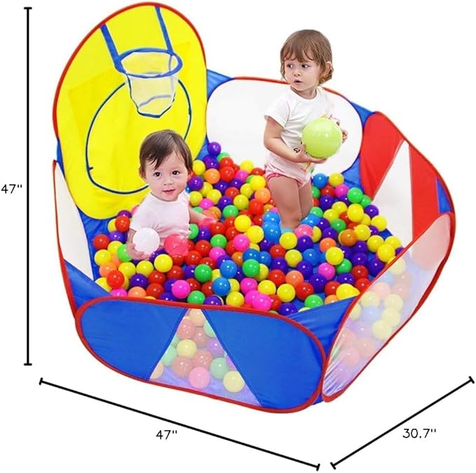 Eocolz Kids Ball Pit Large Pop Up Childrens Ball Pits Tent for Toddlers Playhouse Baby Crawl Playpen with Basketball Hoop and Zipper Storage Bag, 4 Ft/120CM, Balls Not Included (Blue Yellow Red)