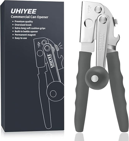 Commercial Can Opener, UHIYEE Hand Crank Can Opener Manual Heavy Duty with Comfortable Extra-long Handles, Oversized Knob, Large Handheld Can Open Easy for Big Cans, Gray