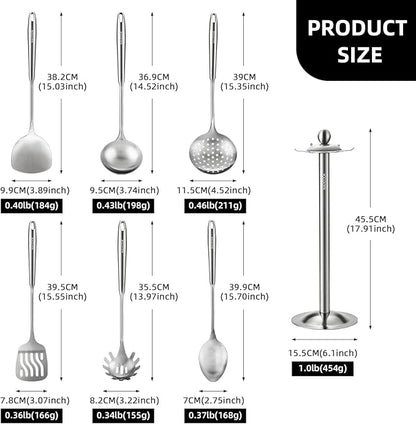 Cooking Utensils set, 18/8 Stainless Steel Kitchen Utensils set, 7 Pieces Cookware Set with Rotating Holder, Heat Resistant Stainless Steel Cooking Spoon(Dishwasher Safe)