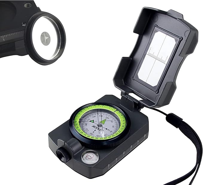 AOFAR Lensatic Sighting Military Compass AF-4090, Aluminum Alloy Material is Lighter, Functional with Signal Mirror Whistle Fishing Hook for Hiking, Camping, Fishing, Mountaineering, Boating, Pouch