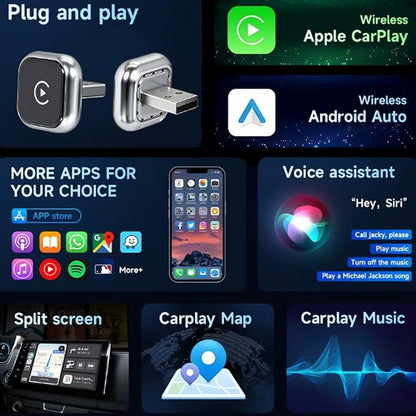 Wireless CarPlay & Android Auto Adapter for Lexus LC 2019-2024,Ultra Mini Dongle Converts Easy Setup Plug and Play,Silver