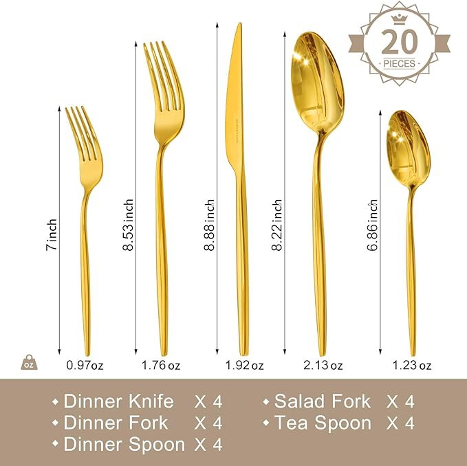 KINGSTONE Silverware Set, 20-Piece Flatware Set Cutlery Set Premium 18/10 Stainless Steel, Tableware Include Forks Knives Spoons for Home Kitchen Restaurant Wedding, Dishwasher Safe, Gold