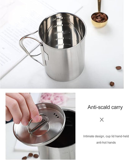 Stainless Steel Camping Cup, 17oz Fireproof Metal Cup with Lid and Foldable Handle, High Temperature Direct Heating, Great for Backpacking
