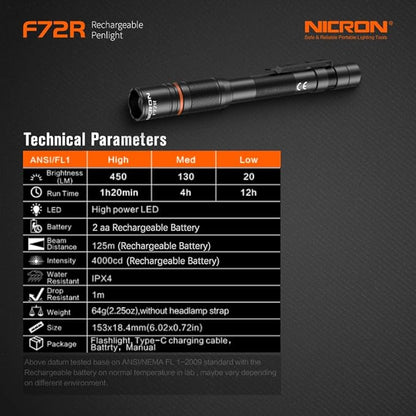 NICRON F72R Pen Light, Pocket Flashlight with Clip,5 Modes 450 lumens mini Rechargeable Flashlight Including Batteries, Focusing penlight ipx4 Waterproof for Work